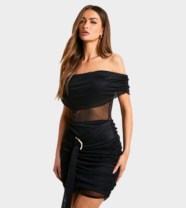 Mesh Insert Asymmetric Draped Mini Dress