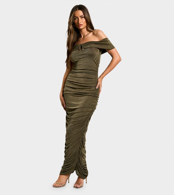Bardot Trim Detail Ruched Slinky Maxi Dress