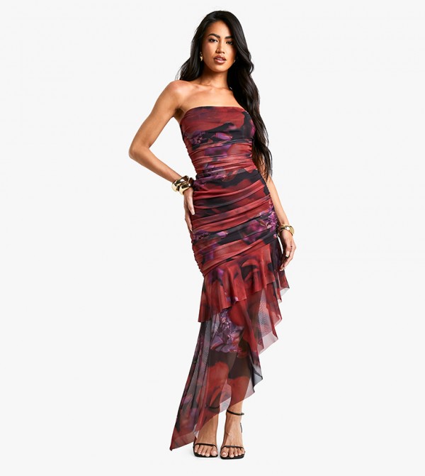 Bandeau Floral Mesh Ruffle Hem Maxi Dress