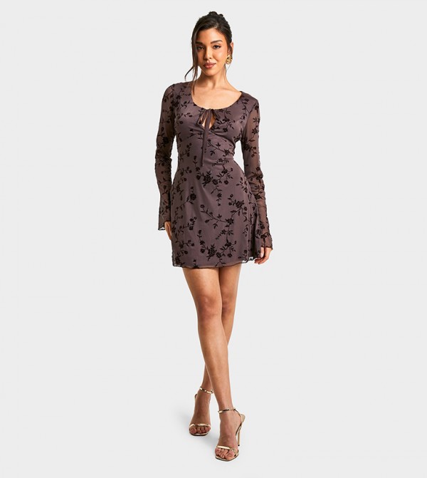 Mesh Tie-Up Flared Sleeves Mini Dress