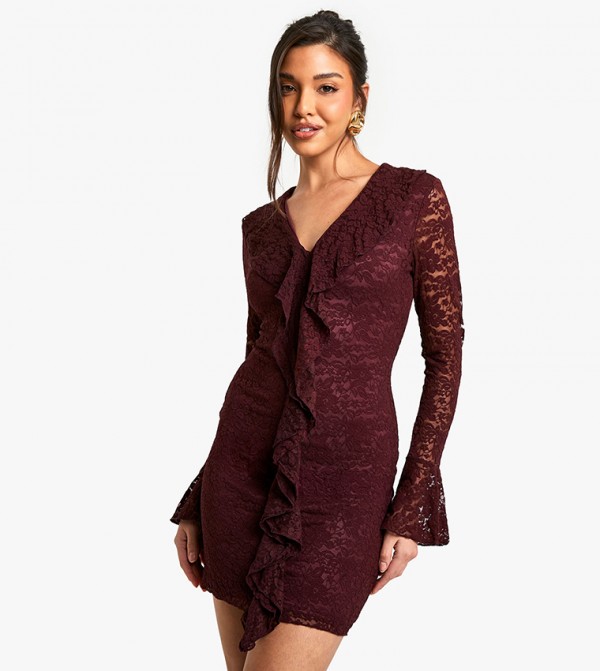 Lace Ruffle Flared Sleeves Mini Dress