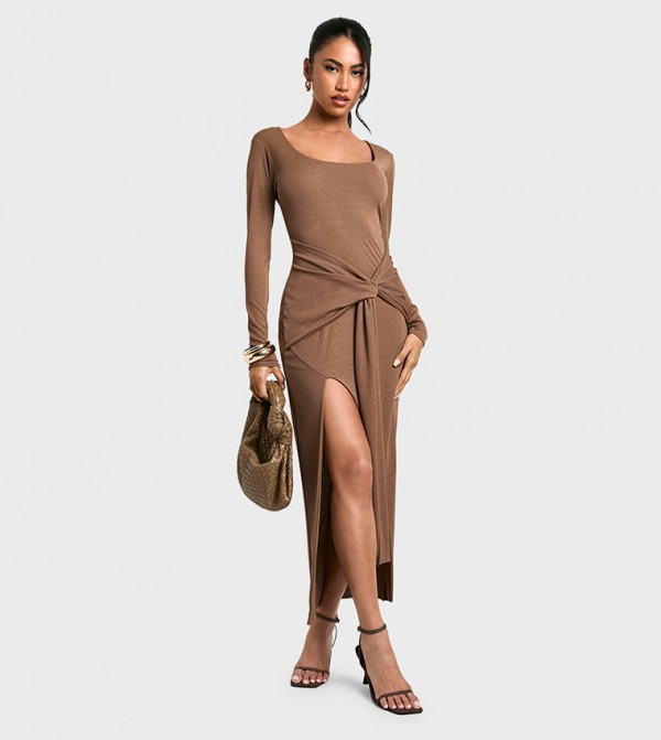 Scoop Neck Textured Draped Front Maxi Dress