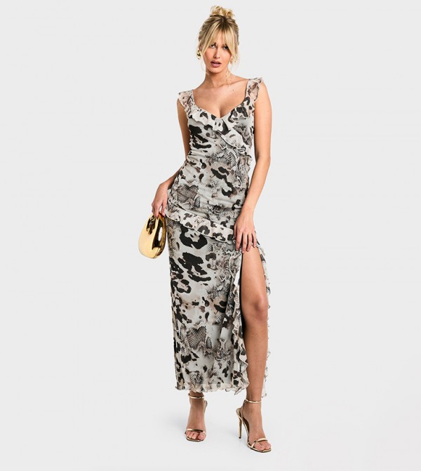 Animal Print Mix Mesh Ruffle Midaxi Dress