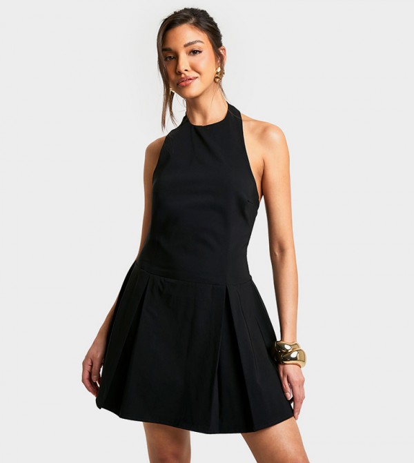 Solid Halterneck Skater Mini Dress
