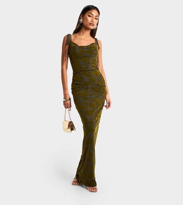 Tie Detail Devore Cowl Maxi Dress