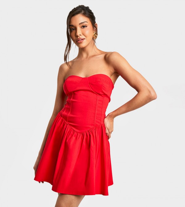 Solid Off Shoulder Corset Skater Mini Dress