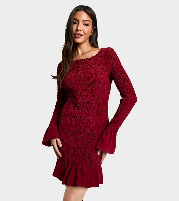 Shirred Long Sleeves Mini Dress