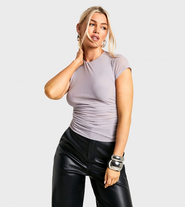 Mesh Cap Sleeves Ruched Top