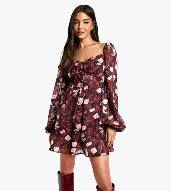 Floral Print Blouson Sleeves Skater Dress
