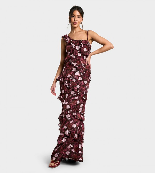 Floral Printed One Shoulder Ruffle Maxi Dress