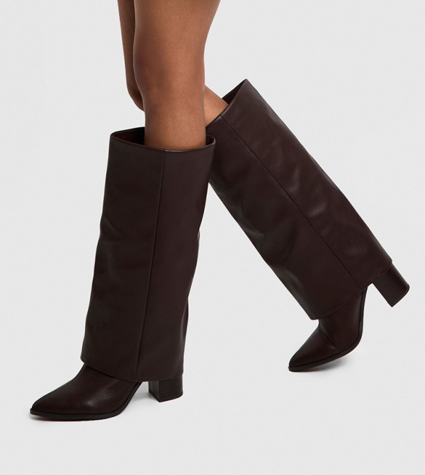 Wide Fit Textured Foldover Stacked Heel Knee High Boots