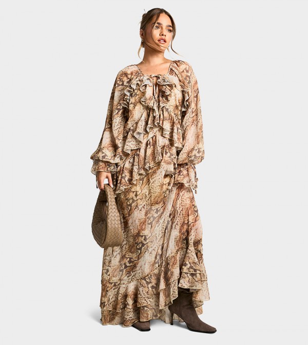 Petite Snakeskin Ruffled Chiffon Maxi Dress
