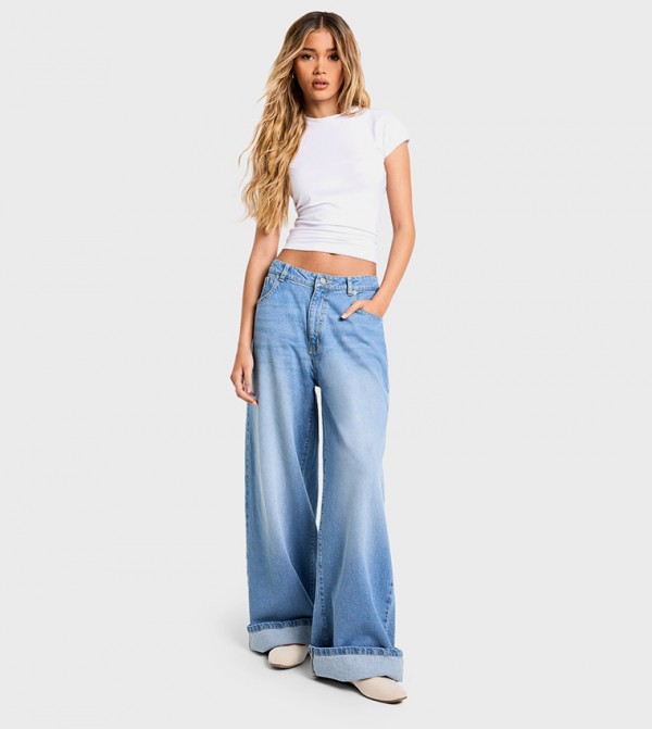 Washed Mid Rise Wide Leg Jeans