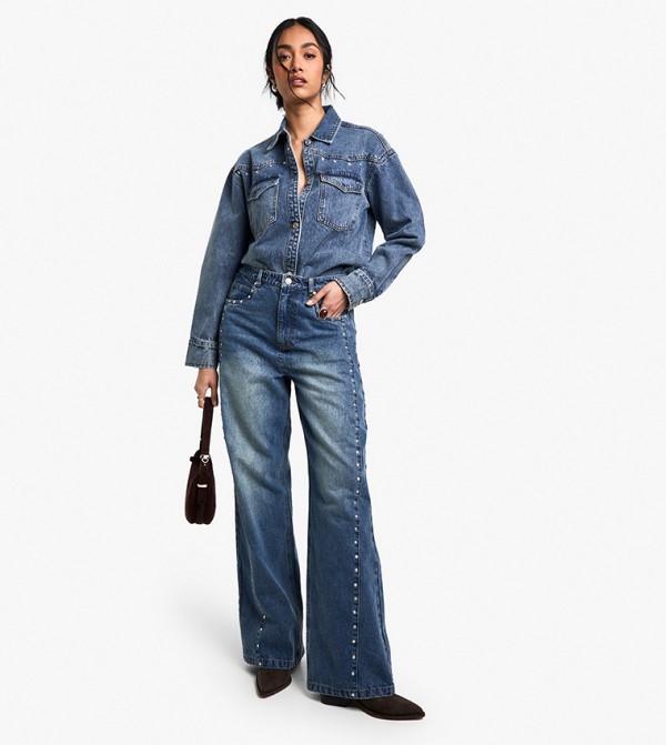 Studded Detail Wide Leg Jeans