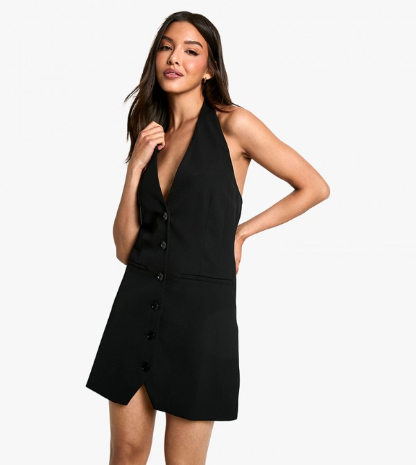 Woven Halterneck Button Up Mini Dress