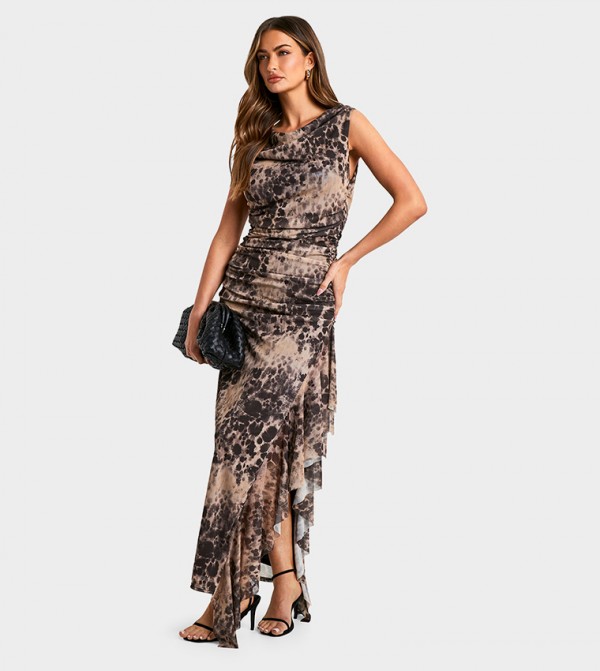 Printed Mesh Ruffle Maxi Dress