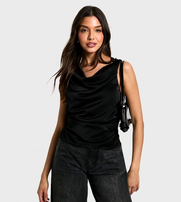 Satin Cowl Ruched Sleeveless Top