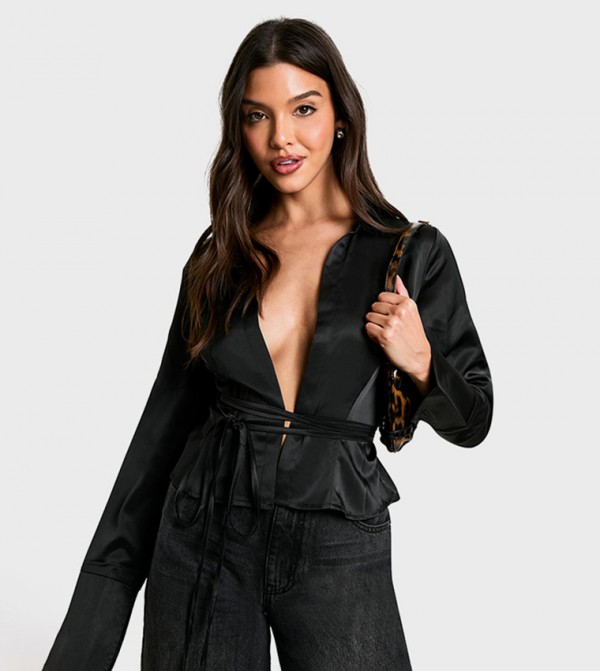 Collared Plunge Cuff Tie Top