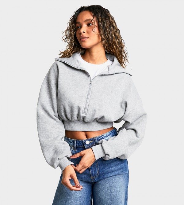 Extreme Collar Zipper Neck Cropped Sweatshirt