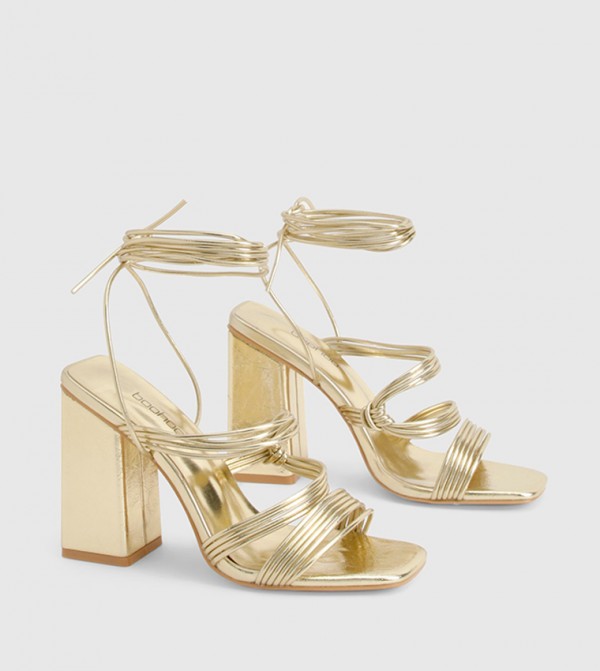 Metallic Multi Strap Tie Leg Block Heel Sandals
