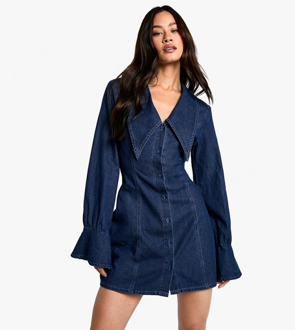 Tall Collar Detail Denim Mini Dress