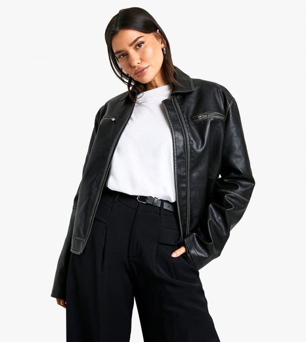 Tall Vintage Look Faux Leather Zip Jacket