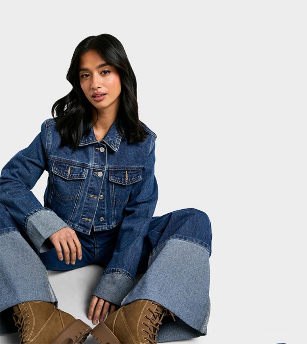 Petite Turn Cuff Crop Denim Jacket