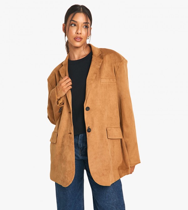 Faux Suede Lapel Collar Blazer