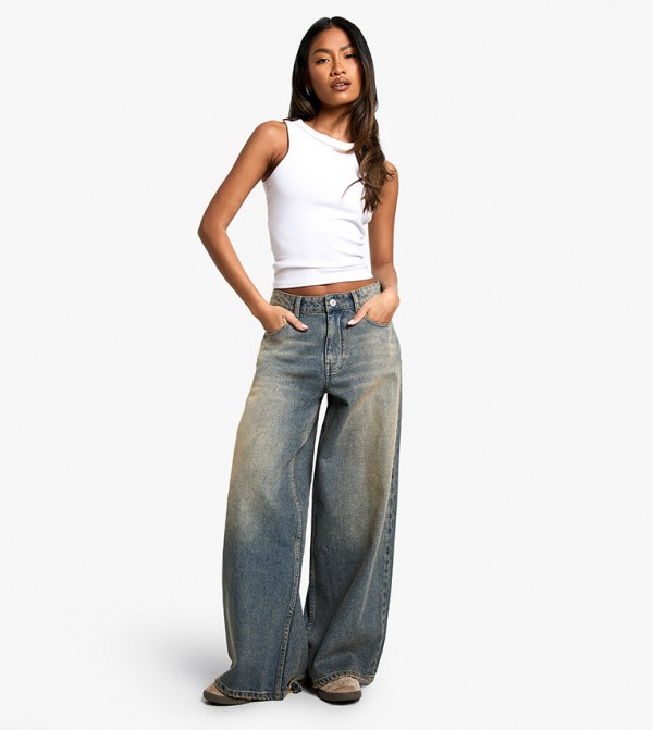 Distressed Hem Detail Vintage Wash Wide Leg Denim Jeans