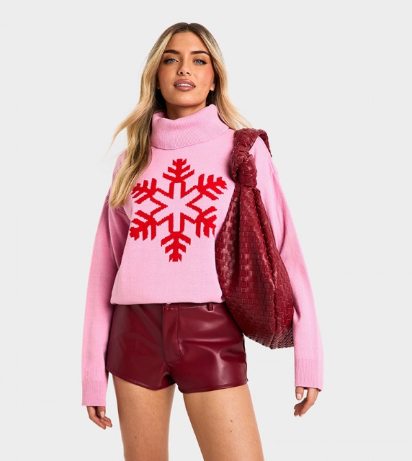 Snowflake Print Christmas Turtleneck Sweater