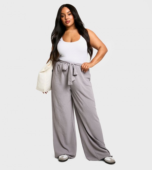 Curve Woven Textured Belted Wide Leg Trousers