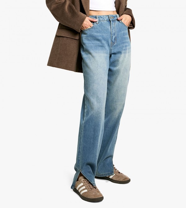 Faded Split Hem Straight Fit Jeans