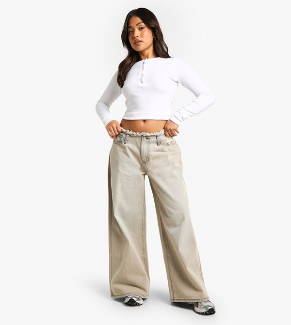Petite Raw Waistband Wide Leg Jeans