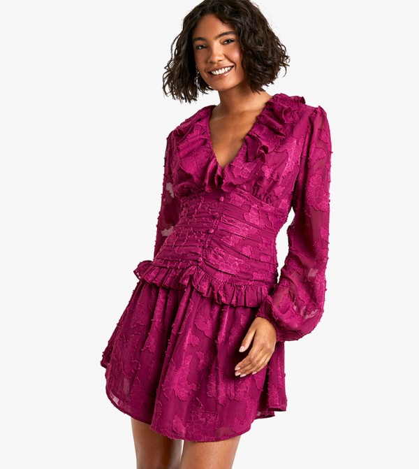 Tall Floral Burnout Ruffle Plunge Ruched Skater Dress