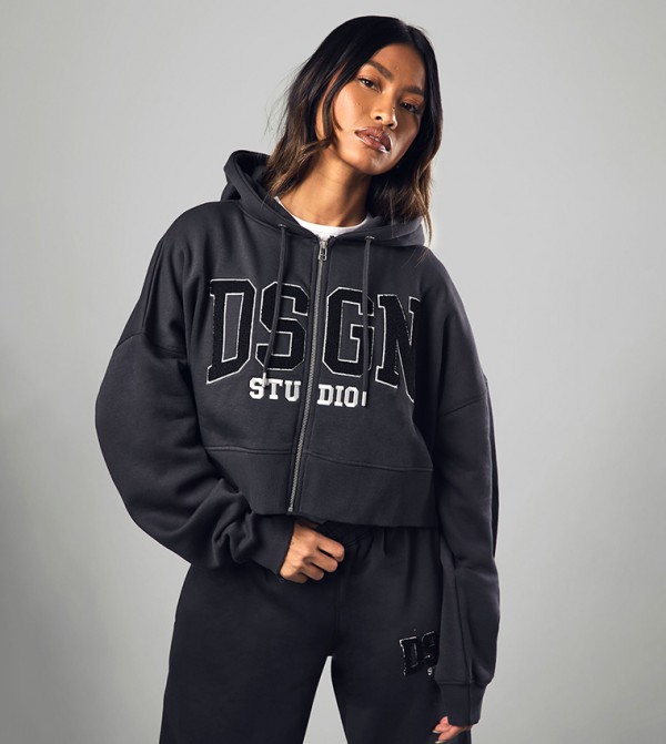 Dsgn Toweling Appliqued Zip-Through Crop Hoodie