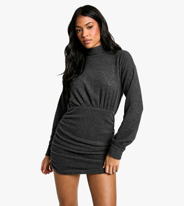 Tall High Neck Soft Ribbed Ruched Mini Dress