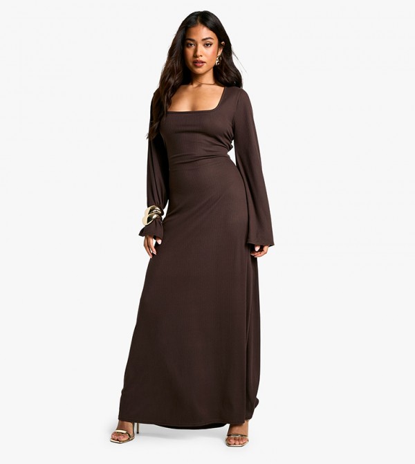 Petite Ribbed Lace-Up Flared Sleeves Maxi Dress
