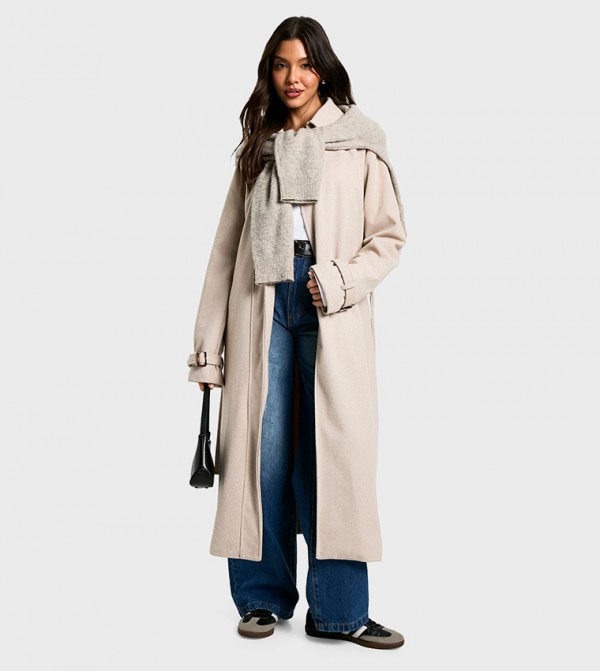 Belted Herringbone Wool Look Coat
