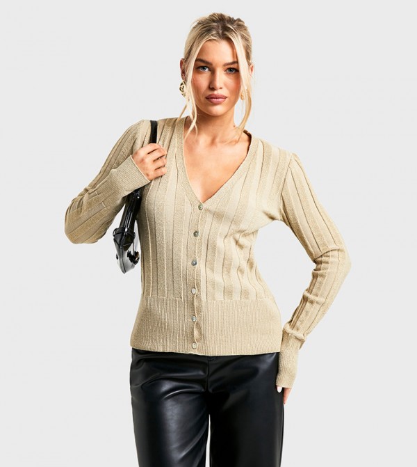 Metallic Gold Thick Rib Knitted Cardigan