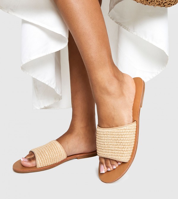 Open Toe Raffia Slide Sandals