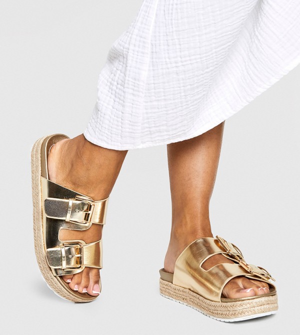 Metallic Buckle Strap Platform Sandals
