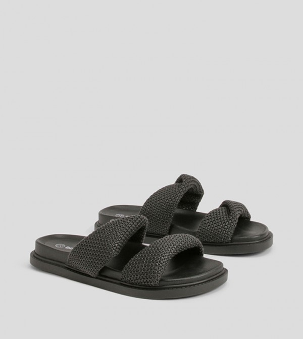 Double Strap Raffia Detailed Flat Sandals