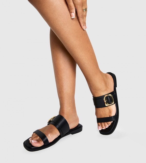 Double Strap Metal Hardware Detail Slide Sandals