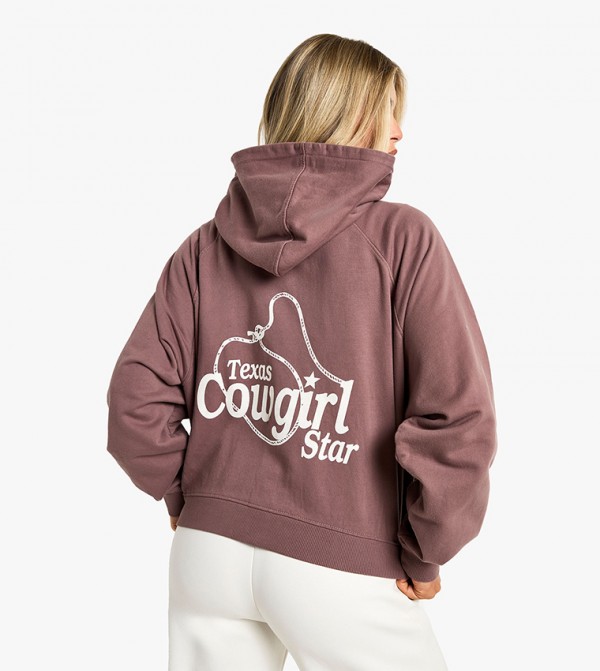 Texas Cowgirl Star Back Print Zip-Through Crop Hoodie