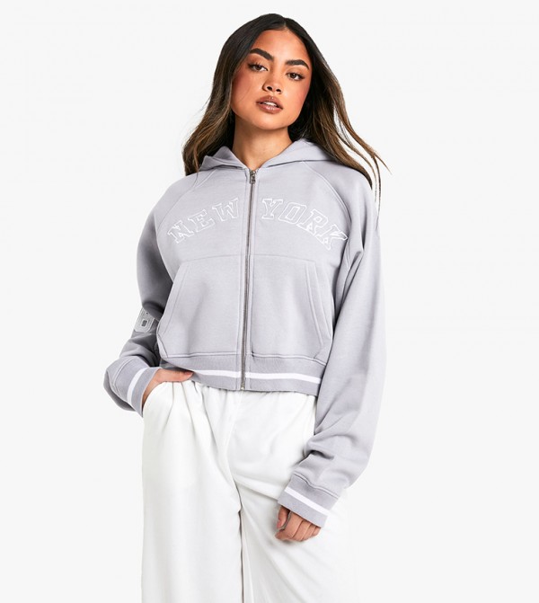 New York Slogan 06 Zip-Through Boxy Crop Hooded Jacket