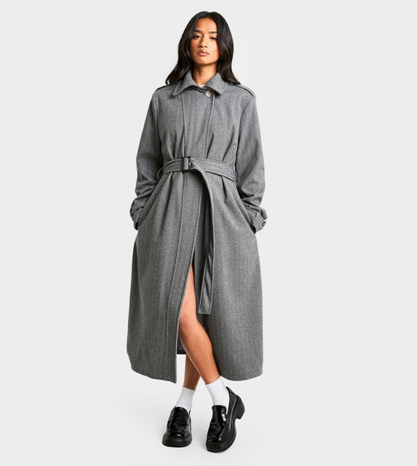 Petite Belted Herringbone Wool Look Coat
