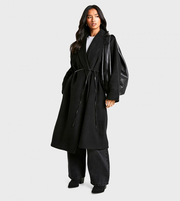 Petite Faux Leather Belt Wool Look Coat