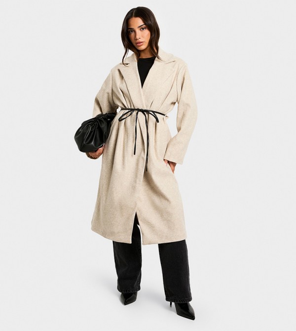 Petite Faux Leather Belt Wool Look Coat