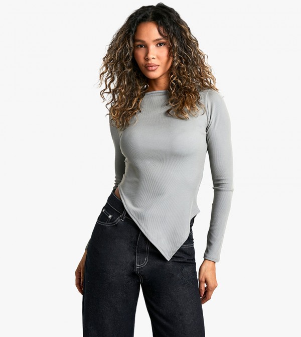 Ribbed Asymmetric Hem Long Sleeves Top