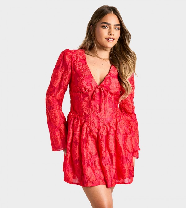 Petite Jacquard Floral Corset Detail Skater Mini Dress